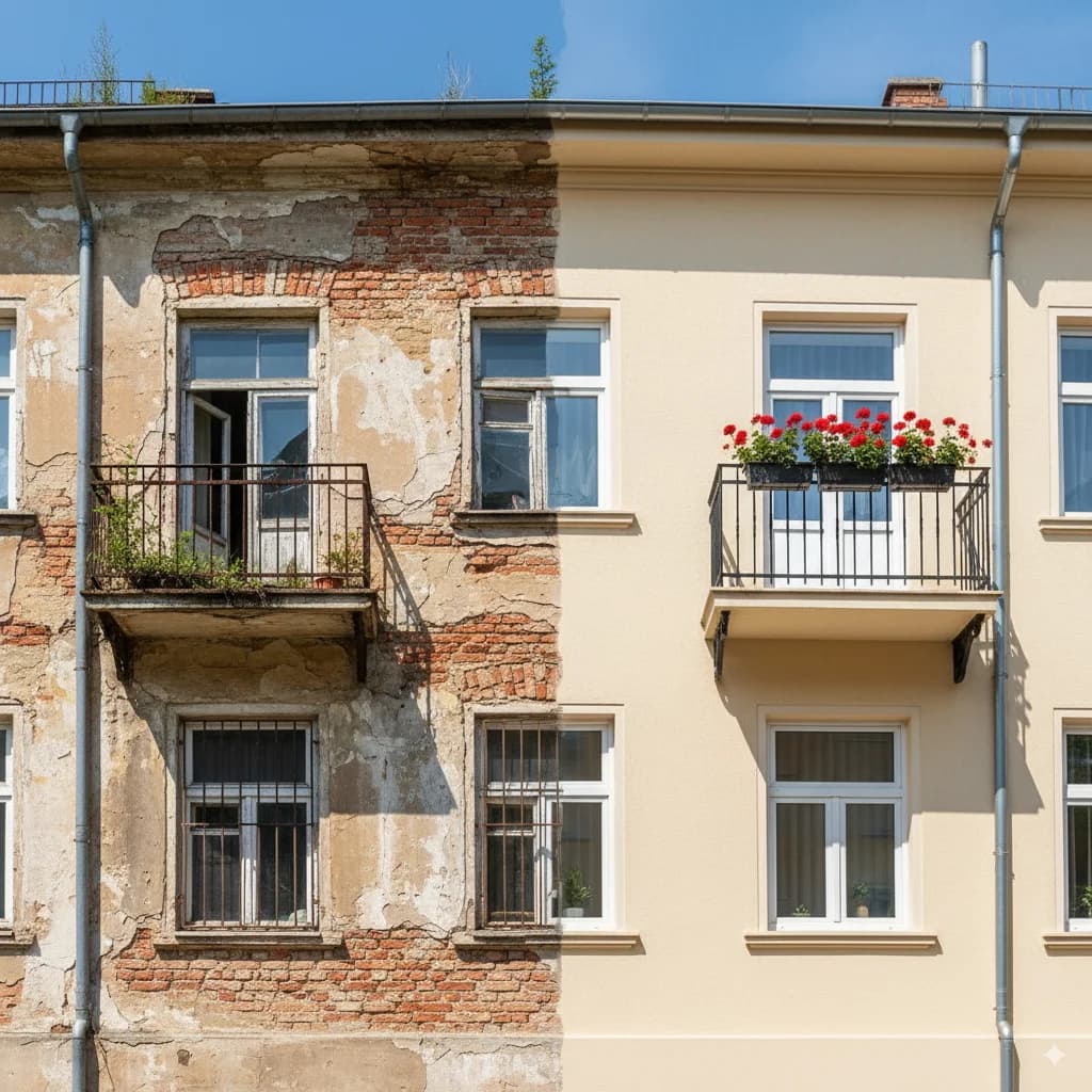 Vorher-Nachher-Ansicht einer sanierten Hausfassade.