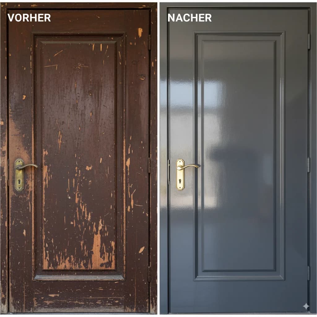 Vergleich einer alten und einer frisch lackierten Holztür.