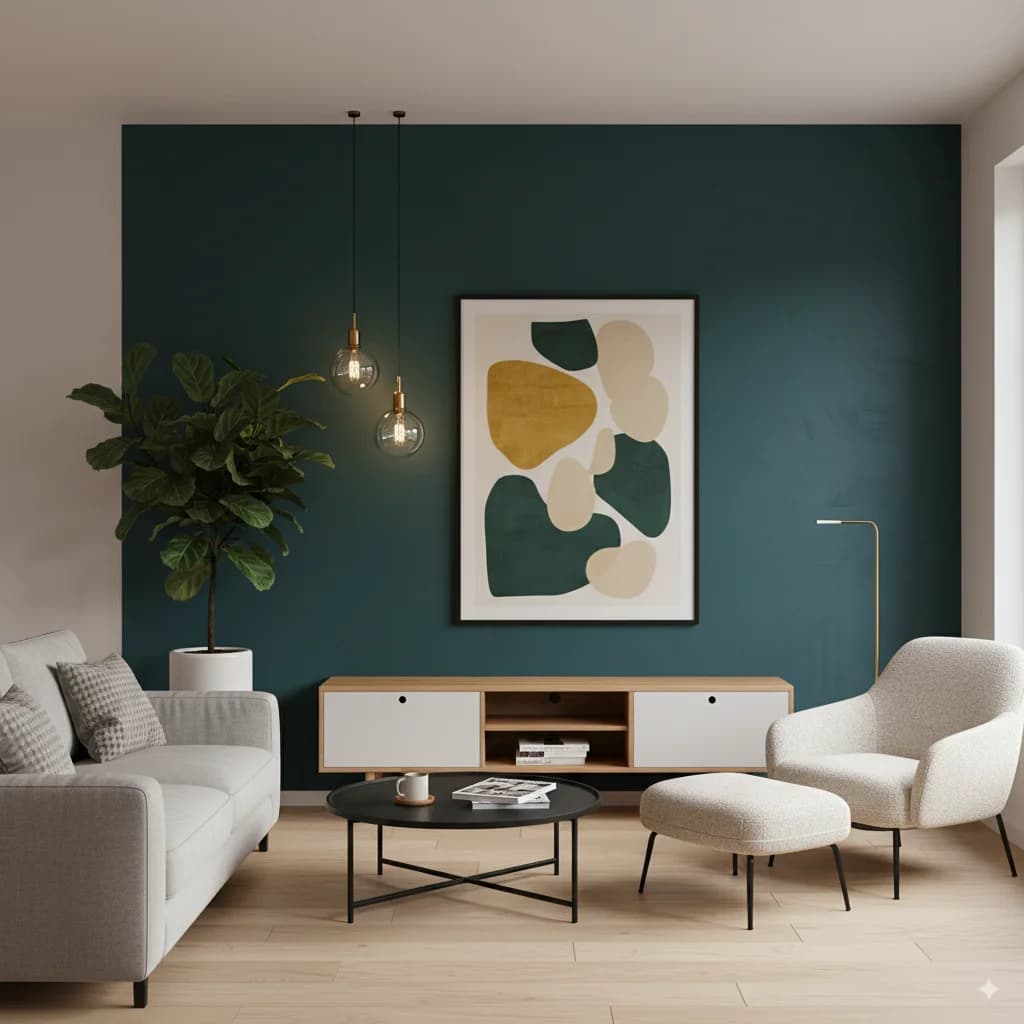 Modern gestaltetes Wohnzimmer mit einer dunkelgrünen Akzentwand.